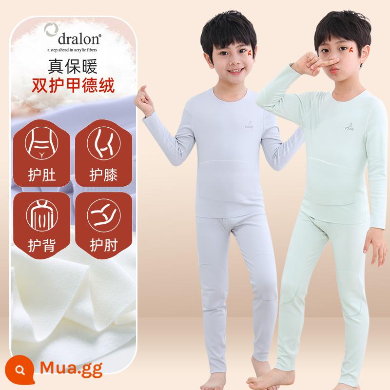 Quần áo bé trai mùa thu vệ sinh quần Bộ cotton nguyên chất de nhung sưởi ấm quần áo trẻ em bé gái Bộ quần áo thu đông cotton Plus bộ đồ ngủ nhung - 2 bộ [nhung Đức nhập khẩu + giáp đôi + giảm ngay 10] giữ nhiệt và giữ ấm - xanh + xám (nam)