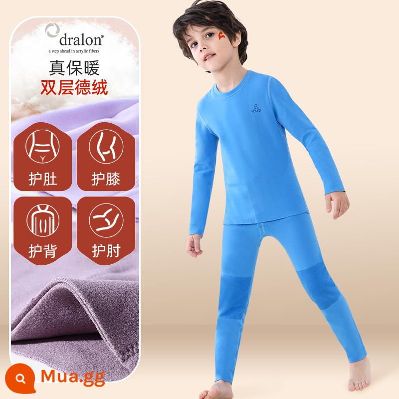 Quần áo bé trai mùa thu vệ sinh quần Bộ cotton nguyên chất de nhung sưởi ấm quần áo trẻ em bé gái Bộ quần áo thu đông cotton Plus bộ đồ ngủ nhung - [Nhung sưởi nhập khẩu + áo giáp đôi + dày hai lớp] Giữ nhiệt và xanh biển ấm áp (nam)