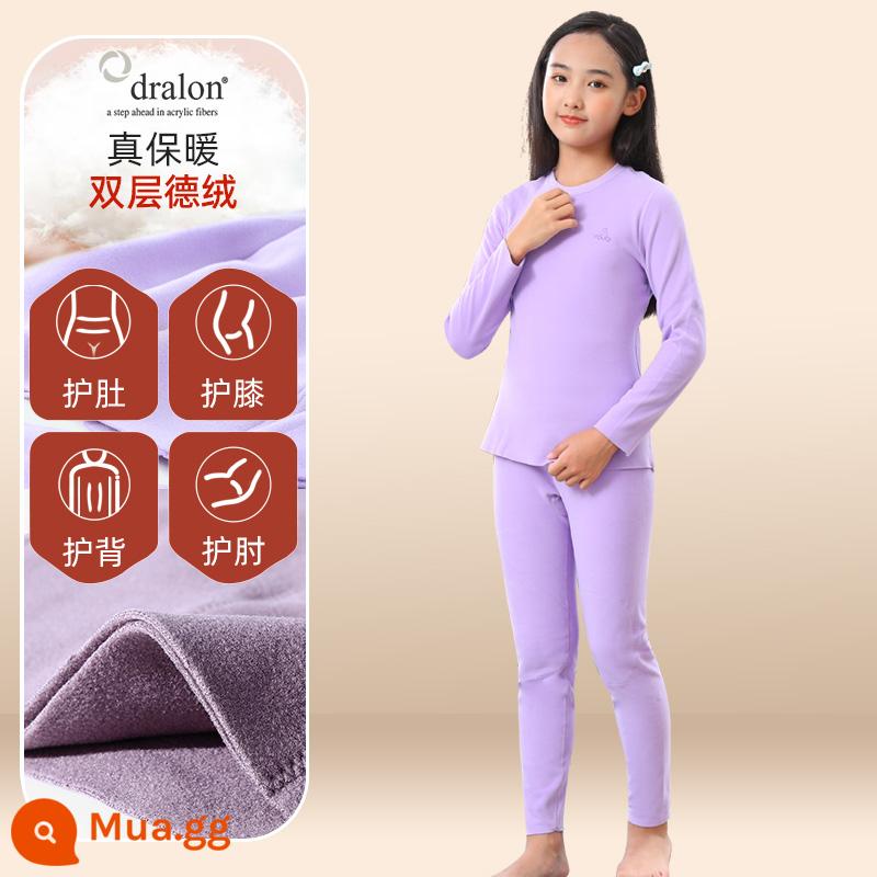 Quần áo bé trai mùa thu vệ sinh quần Bộ cotton nguyên chất de nhung sưởi ấm quần áo trẻ em bé gái Bộ quần áo thu đông cotton Plus bộ đồ ngủ nhung - [Nhung sưởi nhập khẩu + giáp đôi + dày gấp đôi] Giữ nhiệt và giữ ấm - Tím (nữ)