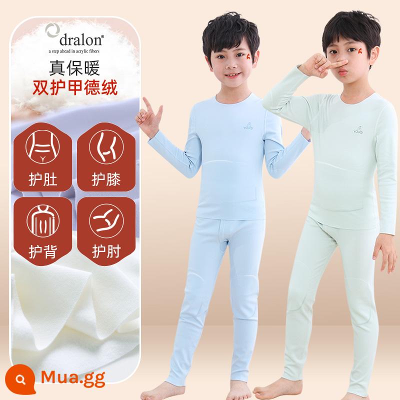 Quần áo bé trai mùa thu vệ sinh quần Bộ cotton nguyên chất de nhung sưởi ấm quần áo trẻ em bé gái Bộ quần áo thu đông cotton Plus bộ đồ ngủ nhung - 2 bộ [nhung Đức nhập khẩu + giáp đôi + giảm ngay 10] giữ nhiệt và giữ ấm - xanh dương + xanh lá cây (nam)