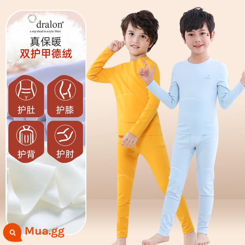 Quần áo bé trai mùa thu vệ sinh quần Bộ cotton nguyên chất de nhung sưởi ấm quần áo trẻ em bé gái Bộ quần áo thu đông cotton Plus bộ đồ ngủ nhung - 2 bộ [nhung Đức nhập khẩu + giáp đôi + giảm ngay 10] giữ nhiệt và giữ ấm - xanh + vàng (nam)