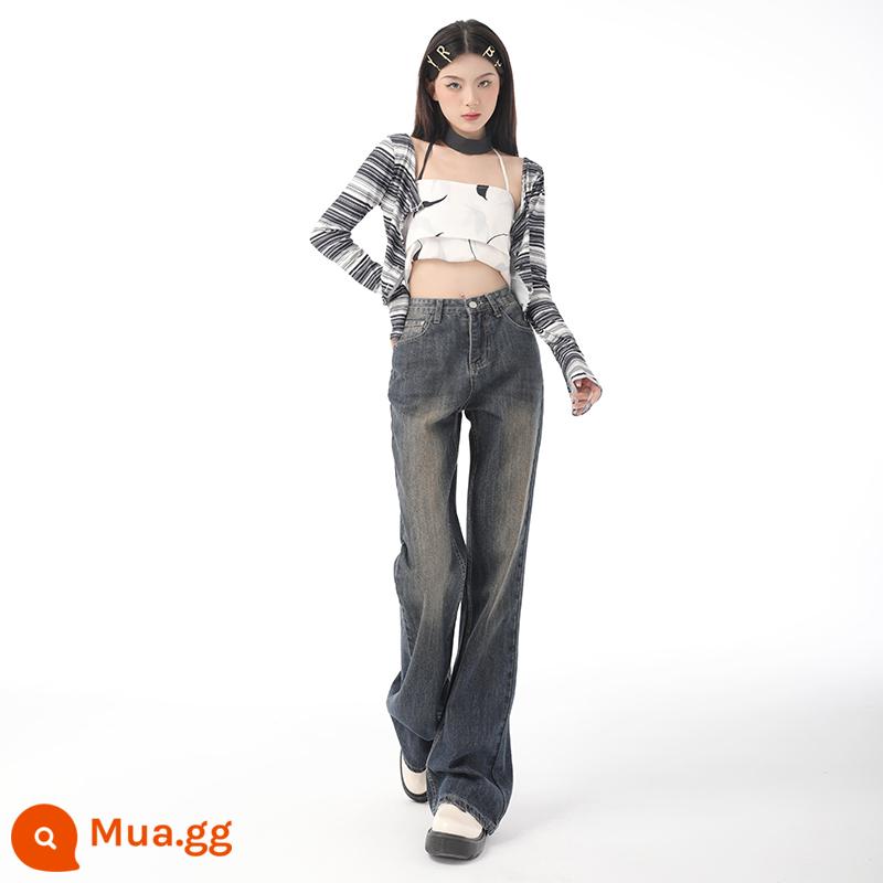 Quần jeans bootcut màu xanh cổ điển của Mỹ dành cho nữ mùa thu đông, lưng cao, dáng ôm, dáng rộng, dài chạm sàn, ống rộng, ống loe nhung - Retro Blue Extended [Phiên bản chất lượng cao]