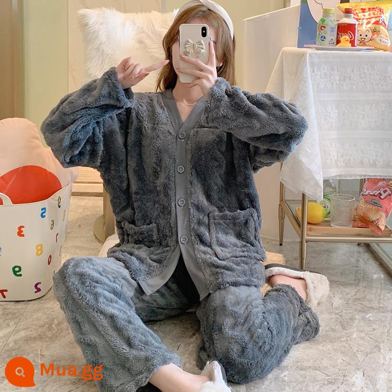 Nỉ san hô Bộ đồ ngủ nữ mùa thu đông dày ấm giản dị sinh viên dễ thương flannel dây kéo 2 dịch vụ tại nhà - QSM662 màu xám đậm