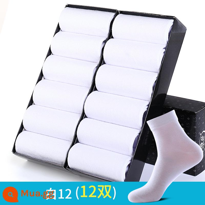 Tất Langsha nam ống giữa cotton nguyên chất thu đông khử mùi thấm hút mồ hôi vớ ống dài xuân thu cotton nam màu đen - A-Trắng 12 (tổng cộng 12 đôi)