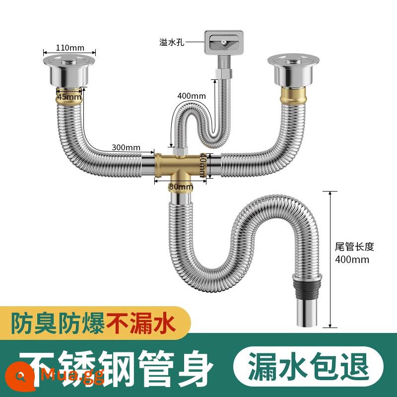 Bồn Rửa Chén Chậu Rửa Bát Bể Ống Cống Phụ Kiện Ống Thoát Khử Mùi Inox Đôi Bồn Rửa Chén Cống Bộ - Ống xả bồn rửa đôi inox dày [40CM] + 2 ống thoát nước + ống tràn