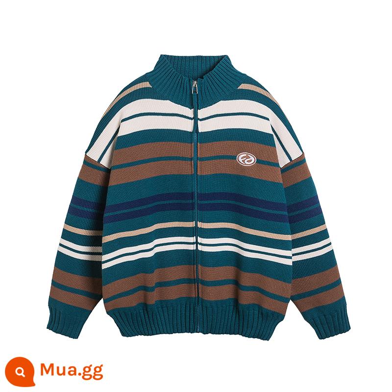 Áo len cardigan cổ đứng sọc FORNINES dành cho nam và nữ áo len dáng rộng thương hiệu thời trang dành cho cặp đôi mặc áo khoác lười mùa thu đông - con công màu xanh