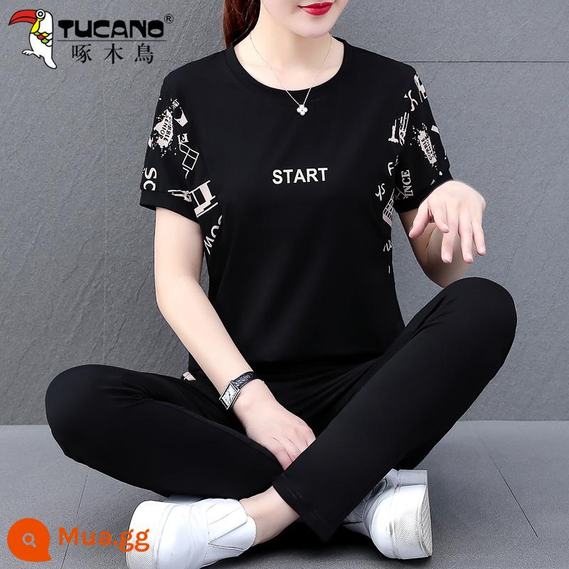 Bộ đồ thể thao cotton chim gõ kiến nữ mùa hè mới 2022 ngắn tay mẹ trung niên giản dị 2023 Ms. - quần đen