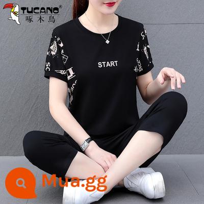 Bộ đồ thể thao cotton chim gõ kiến nữ mùa hè mới 2022 ngắn tay mẹ trung niên giản dị 2023 Ms. - quần crop màu đen