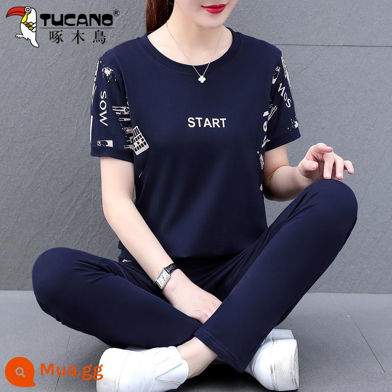 Bộ đồ thể thao cotton chim gõ kiến nữ mùa hè mới 2022 ngắn tay mẹ trung niên giản dị 2023 Ms. - Quần crop màu xanh đậm