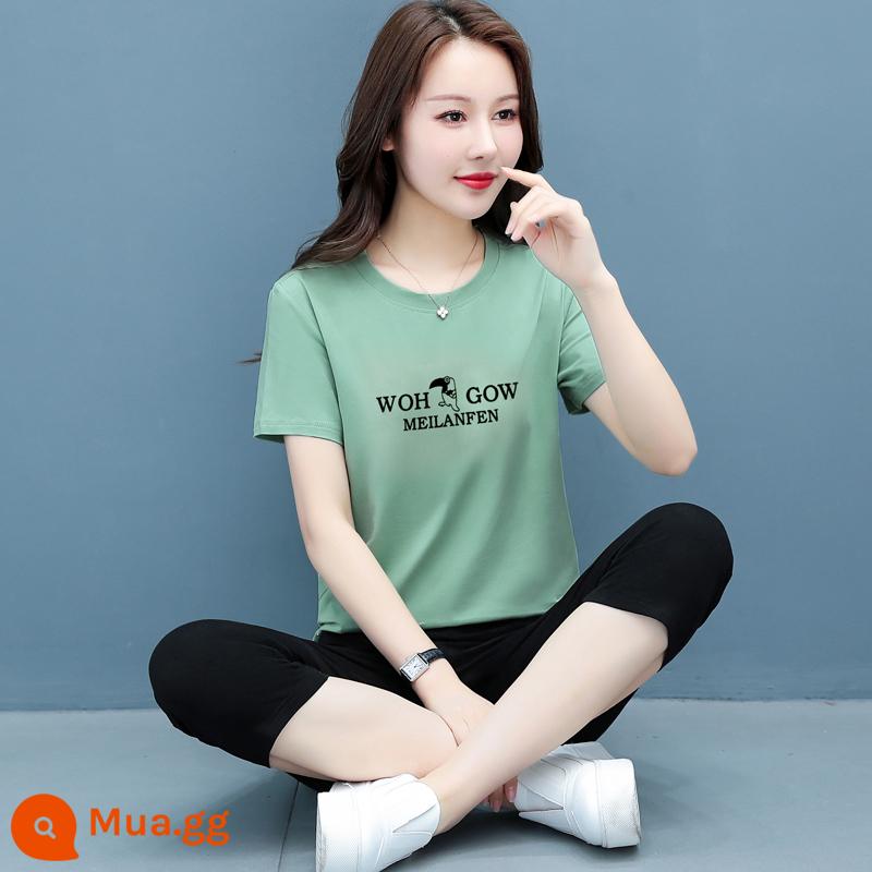 Bộ quần áo thể thao cotton chim gõ kiến mùa hè 2022 quần áo mùa hè mới quần áo nữ ngắn tay mùa hè 2023 thường ngày - Quần crop ngắn tay màu xanh đậu 3636