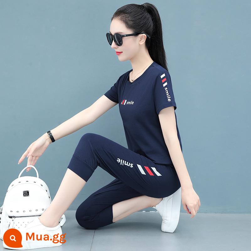 Bộ đồ thể thao cotton chim gõ kiến nữ mùa hè mới 2022 ngắn tay mẹ trung niên giản dị 2023 Ms. - GHS1091 tay ngắn + quần crop màu xanh đậm