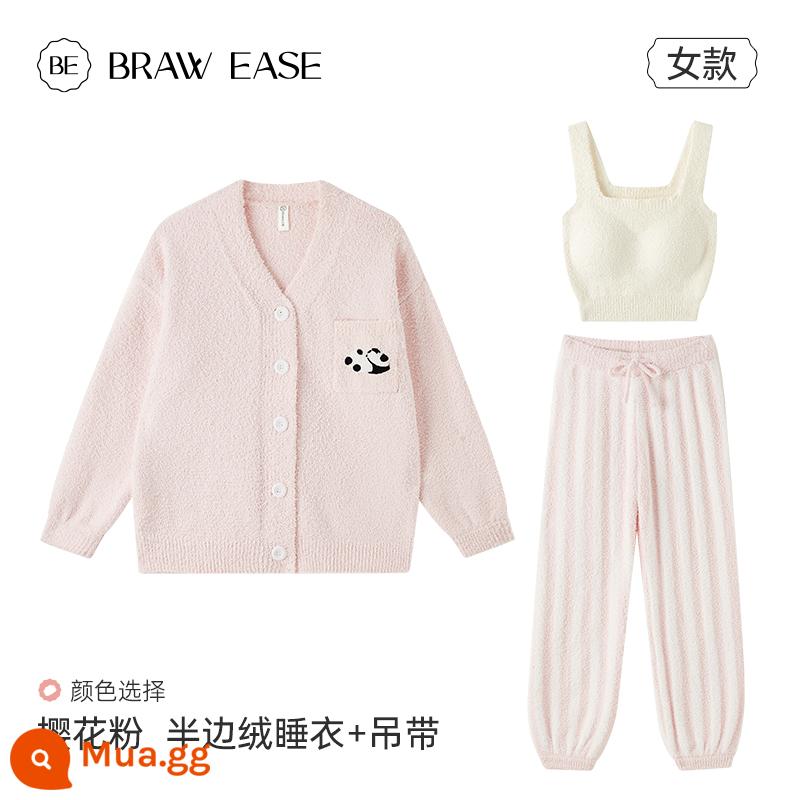 Cardigan nửa nhung đồ ngủ mùa đông sữa nữ huhu bộ đồ mùa đông Plus nhung dày mùa đông gấu trúc san hô nhung dịch vụ tại nhà - Gói áo vest hồng loại A_Sakura