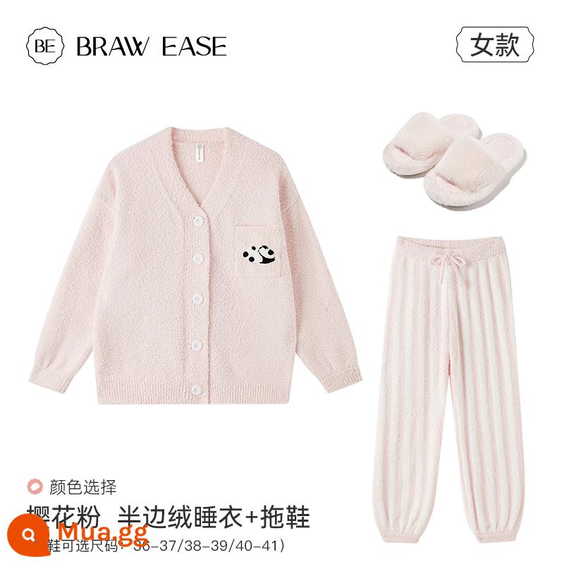 Cardigan nửa nhung đồ ngủ mùa đông sữa nữ huhu bộ đồ mùa đông Plus nhung dày mùa đông gấu trúc san hô nhung dịch vụ tại nhà - Bộ 1 Dép Màu Hồng Type A_Sakura 1 [Ghi Chú Kích Thước]