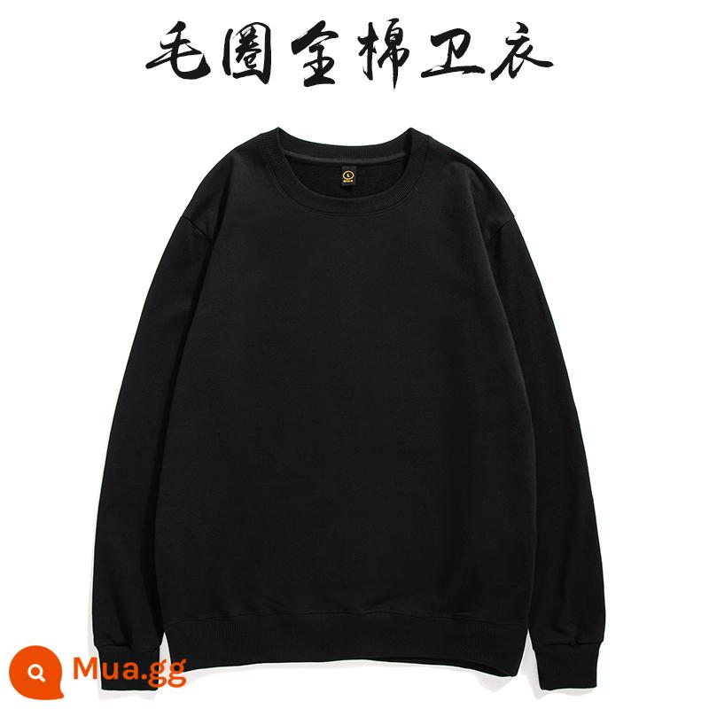 Áo thun cotton nguyên chất in logo theo yêu cầu, quần áo đi làm mùa thu đông nhung, đồng phục lớp dài tay cổ tròn, in theo yêu cầu - đen