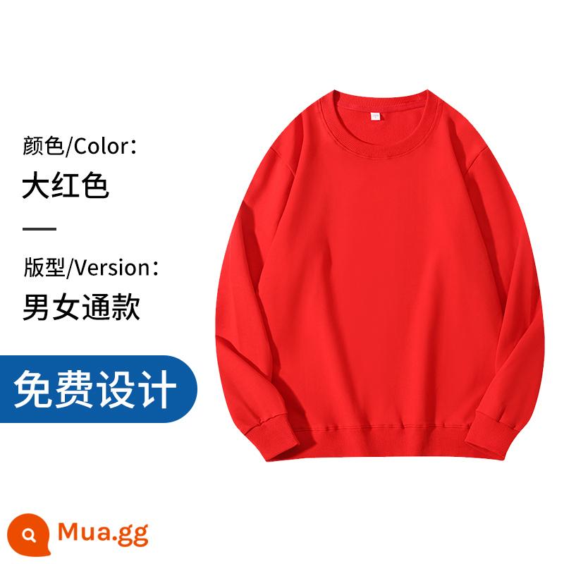 Áo thun cotton nguyên chất in logo theo yêu cầu, quần áo đi làm mùa thu đông nhung, đồng phục lớp dài tay cổ tròn, in theo yêu cầu - màu đỏ