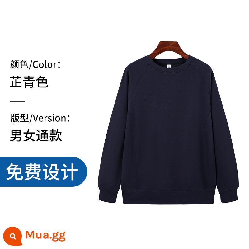 Áo thun cotton nguyên chất in logo theo yêu cầu, quần áo đi làm mùa thu đông nhung, đồng phục lớp dài tay cổ tròn, in theo yêu cầu - Mẫu cao cấp dày màu xanh hải quân không có nhung