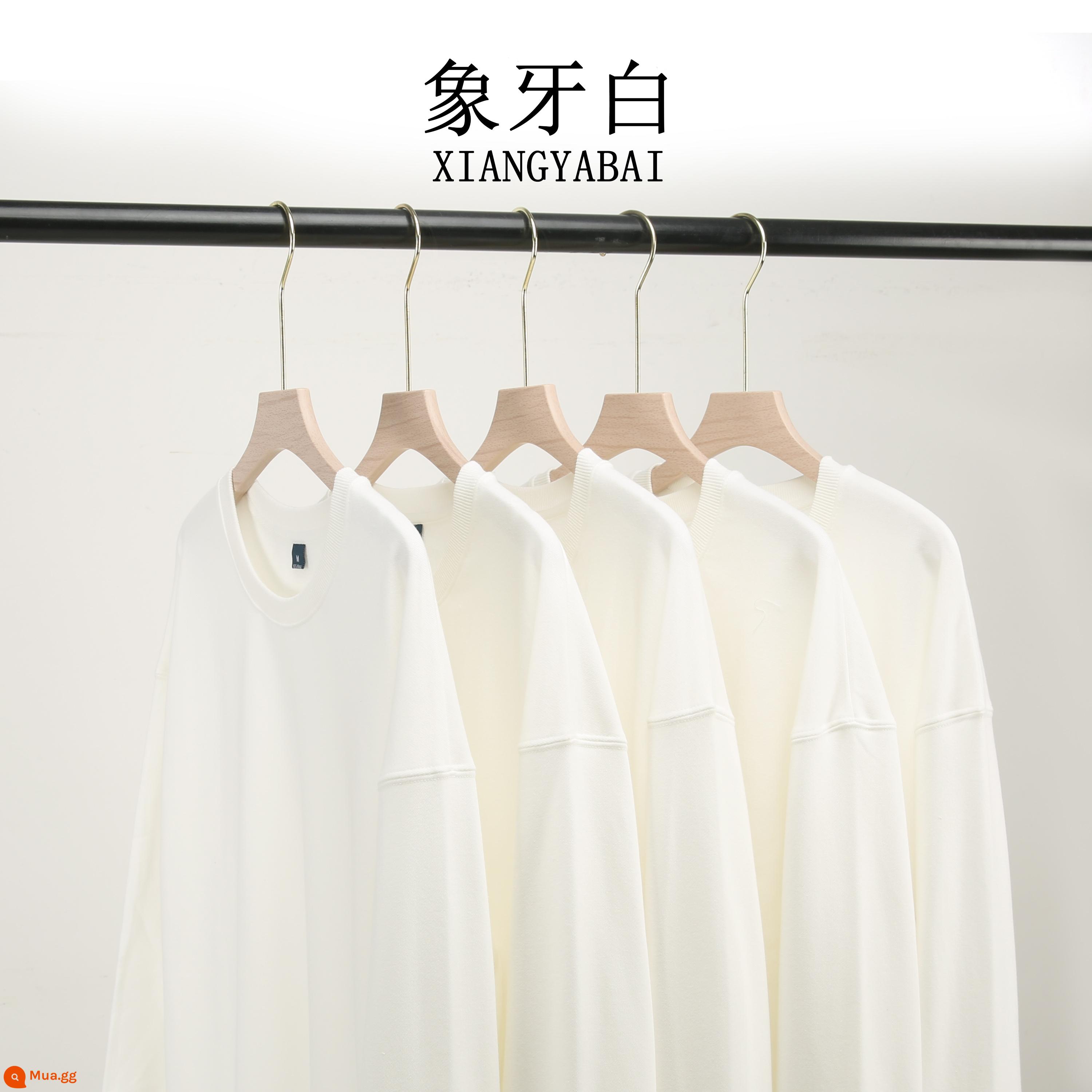 Áo thun cotton nguyên chất in logo theo yêu cầu, quần áo đi làm mùa thu đông nhung, đồng phục lớp dài tay cổ tròn, in theo yêu cầu - Màu trắng ngà cao cấp dày dặn không nhung