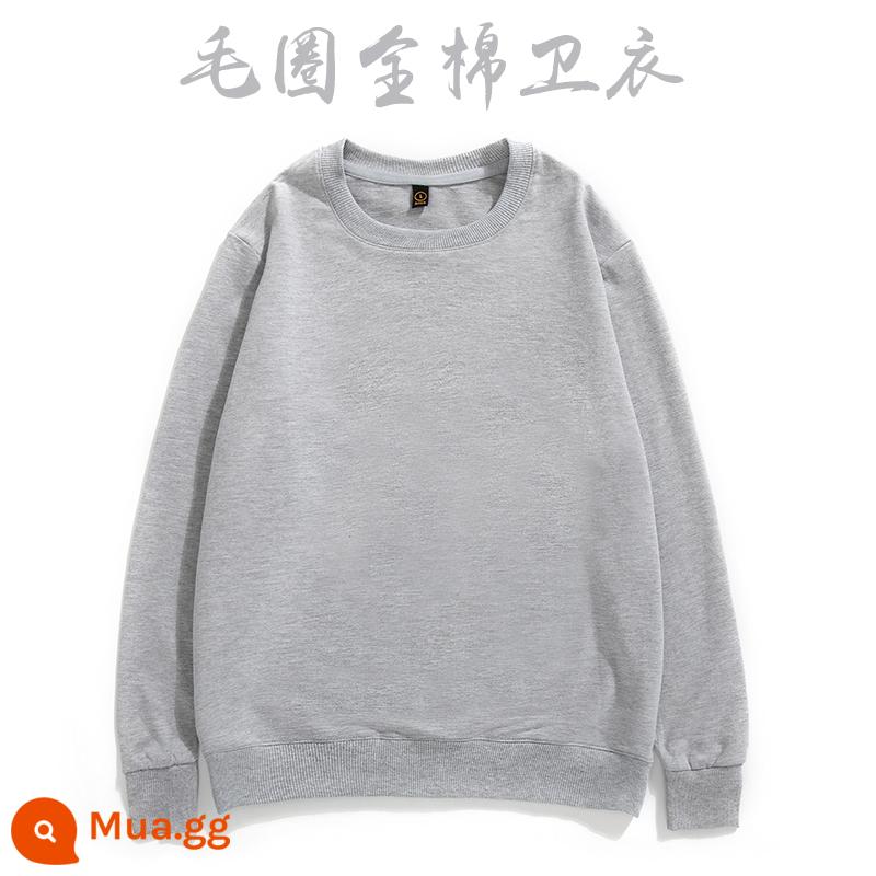 Áo thun cotton nguyên chất in logo theo yêu cầu, quần áo đi làm mùa thu đông nhung, đồng phục lớp dài tay cổ tròn, in theo yêu cầu - xám