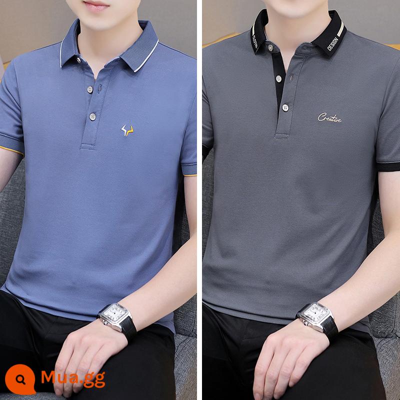 Lụa băng Ralph Lauren polo có cổ áo thun nam ngắn tay xu hướng mùa hè ve áo cổ sơ mi Áo sơ mi POLO nửa tay quần áo hàng đầu - Nhóm 16-QY681 xanh đậm + tro QY683