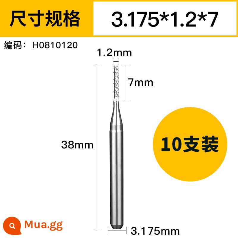 Huhao 3.175 chất liệu nhập khẩu thép vonfram máy khắc dao PCB dao phay chiêng dao bảng mạch mở da thô dao phay ngô - 1,2MM (gói 10 cái)