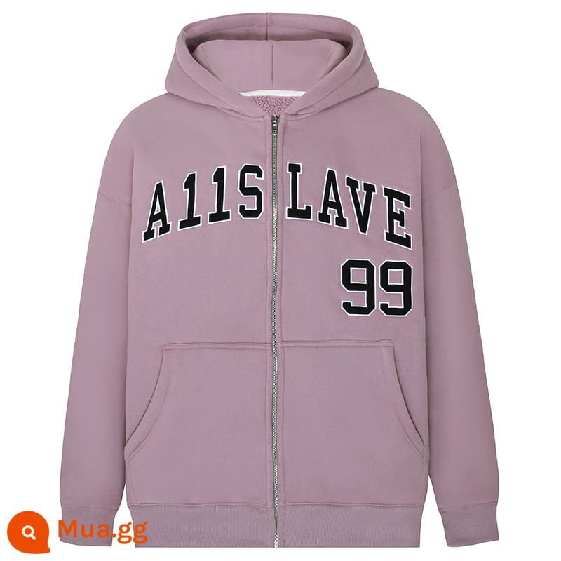 A11SLAVE miếng dán vải thêu chữ logo dây kéo cộng với áo len lông cừu hoodie hợp thời trang thương hiệu nam nữ áo khoác cặp đôi phong cách Mỹ - tím nhạt