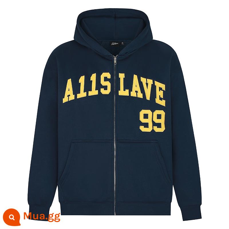 A11SLAVE miếng dán vải thêu chữ logo dây kéo cộng với áo len lông cừu hoodie hợp thời trang thương hiệu nam nữ áo khoác cặp đôi phong cách Mỹ - xanh hải quân