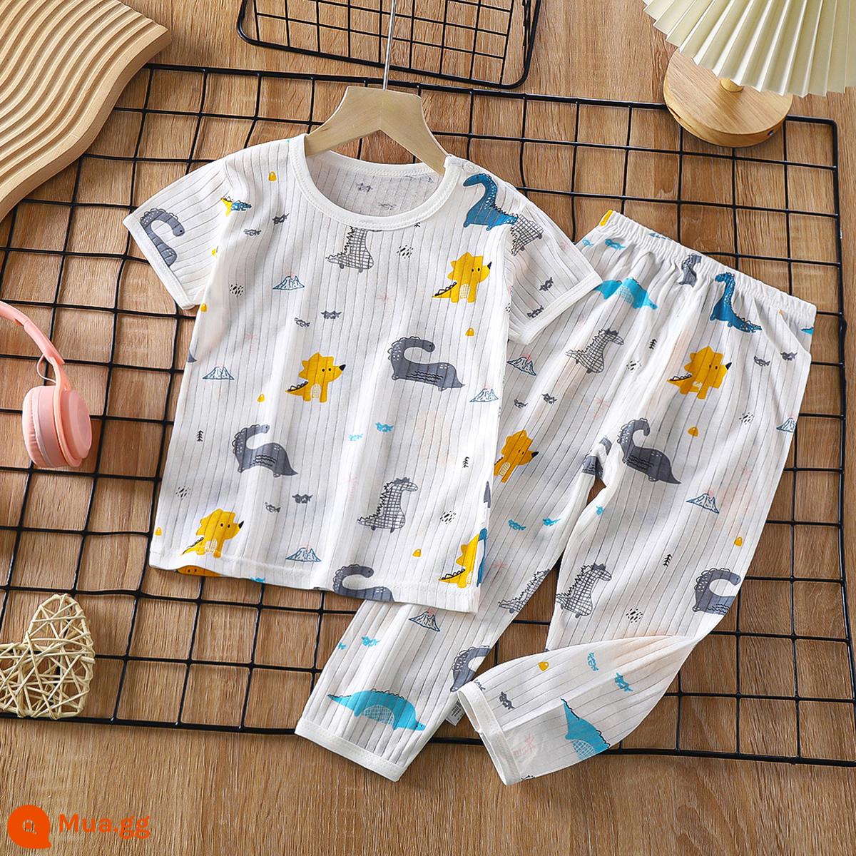 Bộ đồ ngủ trẻ em cotton nguyên chất bé trai và bé gái dài tay quần áo mặc ở nhà phù hợp với mùa hè quần áo máy lạnh mỏng cho bé mùa xuân thu - Rồng ba màu [Cotton nguyên chất loại A/mềm mại và thoải mái] [quần ngắn tay]