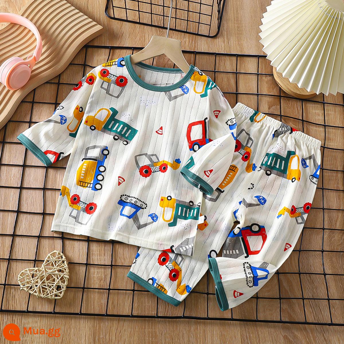 Bộ đồ ngủ trẻ em cotton nguyên chất bé trai và bé gái dài tay quần áo mặc ở nhà phù hợp với mùa hè quần áo máy lạnh mỏng cho bé mùa xuân thu - Transporter [Cotton nguyên chất loại A/mềm mại và thoải mái] [quần tay ba phần tư]