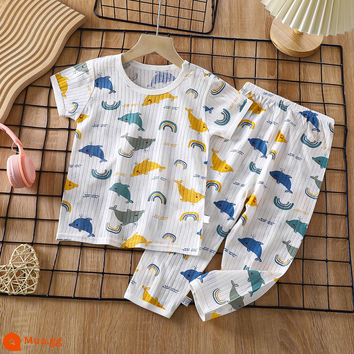 Bộ đồ ngủ trẻ em cotton nguyên chất bé trai và bé gái dài tay quần áo mặc ở nhà phù hợp với mùa hè quần áo máy lạnh mỏng cho bé mùa xuân thu - Rainbow Dolphin [Loại A cotton nguyên chất/mềm mại và thoải mái] [quần ngắn tay]