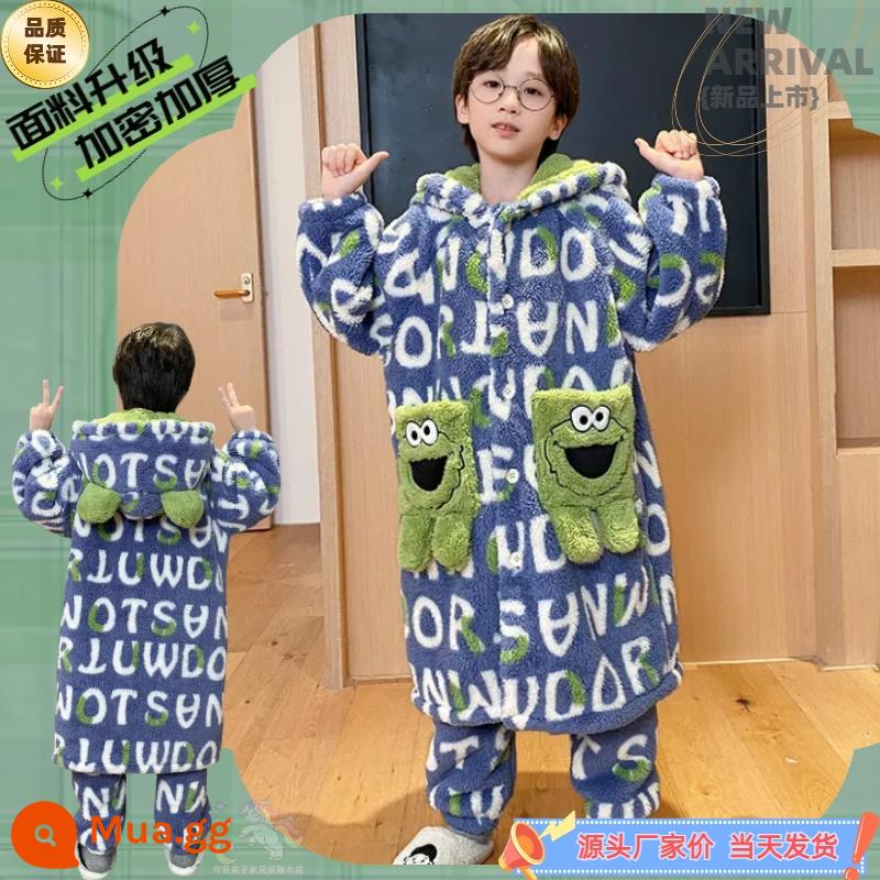 Váy ngủ bé gái mùa đông flannel ngôi sao sương cha mẹ-con áo choàng tắm dày Plus nhung cho bé nhà trẻ em bộ quần áo - Áo choàng + quần bé trai mắt to G42104