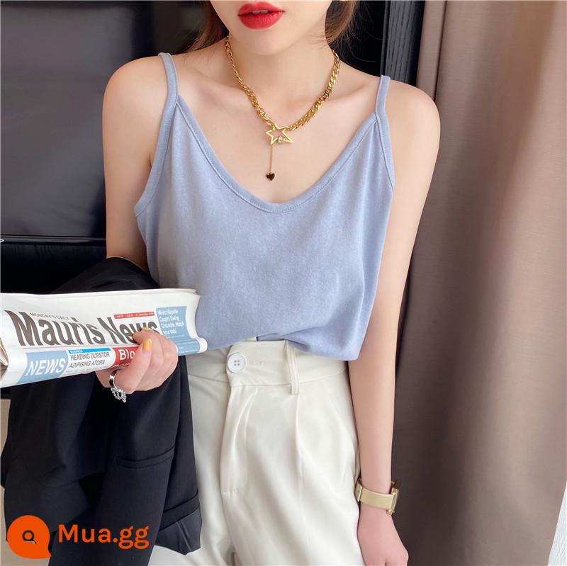 Phụ nữ đeo địu size lớn mặc áo vest có đáy bằng cotton nguyên chất vào mùa hè để che sữa mẹ áo khoác ngoài rộng màu đen vải lanh cotton trắng hàng đầu - Air blue (dây spaghetti)