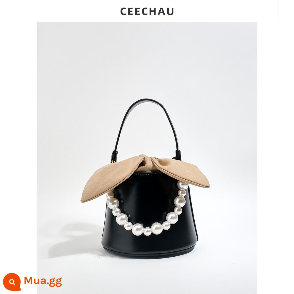 CEECHAU Pearl Ear Leather Bucket Bag Messenger Niche Design Nơ Túi xách da bò hình trụ - đen (da bò)