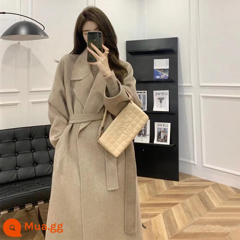 Áo khoác cashmere 2 mặt nữ thu đông 2022 mới áo khoác len Len len phong cách Hepburn người đàn ông nhỏ chiều dài trung bình - Bột yến mạch màu xám