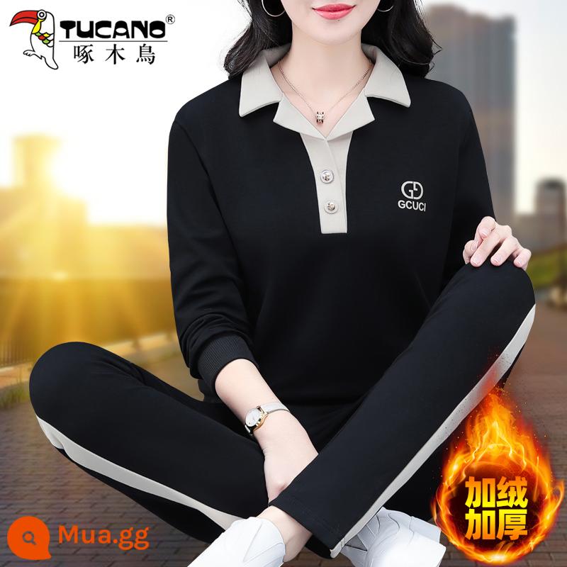 Bộ đồ thể thao cotton nguyên chất của chim gõ kiến ​​quần áo mùa thu nữ 2023 mới mùa xuân và mùa thu thời trang áo cổ polo hai món - Màu đen (dày như nhung)