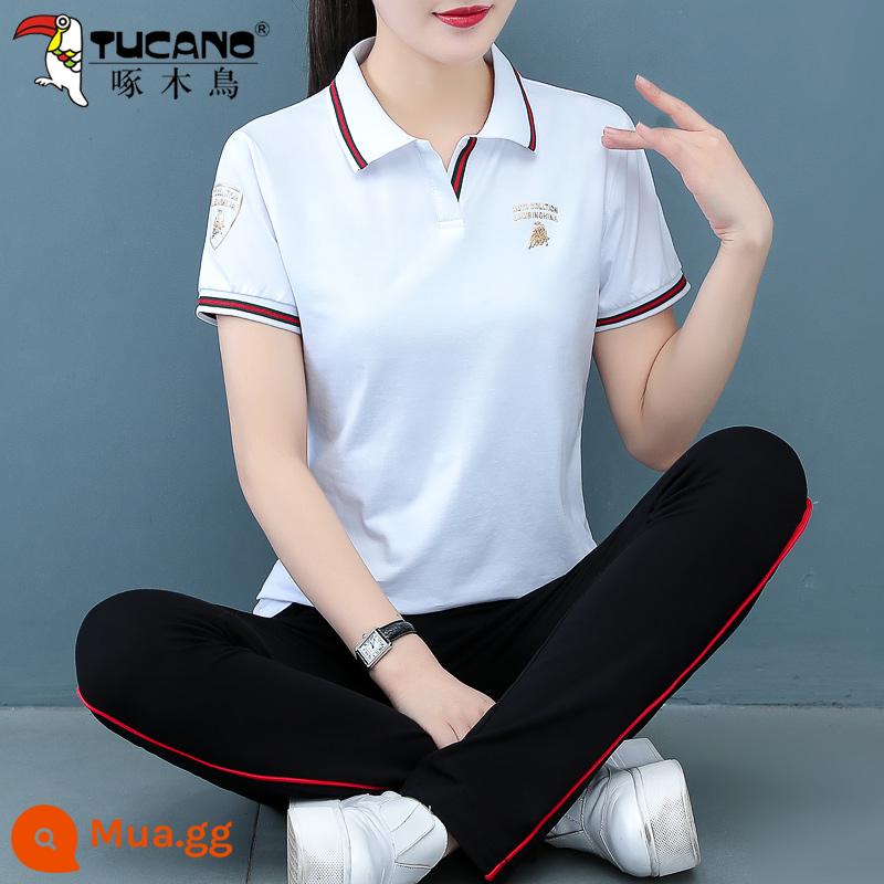 Bộ đồ thể thao cotton chim gõ kiến nữ 2022 bà mẹ trung niên ngắn tay phong cách nước ngoài che thịt và giảm tuổi hai mảnh mặc thường ngày - Trắng