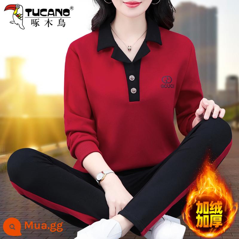 Bộ đồ thể thao cotton nguyên chất của chim gõ kiến ​​quần áo mùa thu nữ 2023 mới mùa xuân và mùa thu thời trang áo cổ polo hai món - Ngày đỏ (cộng với nhung và dày)