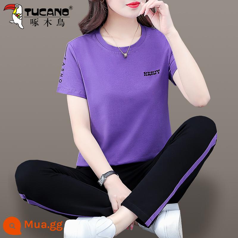 Bộ quần áo thể thao cotton chim gõ kiến phù hợp với mùa hè của phụ nữ phần mỏng 2023 thời trang mới phong cách nước ngoài mẹ 2 món - Màu tím (quần)