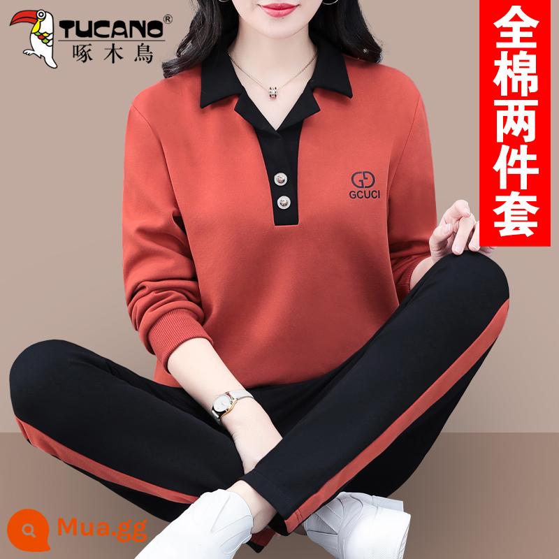 Bộ đồ thể thao cotton nguyên chất của chim gõ kiến ​​quần áo mùa thu nữ 2023 mới mùa xuân và mùa thu thời trang áo cổ polo hai món - Cam (không có nhung)