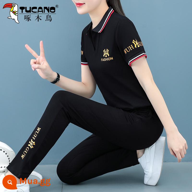 Bộ đồ thể thao cotton chim gõ kiến nữ mùa hè 2022 mẹ trung niên phong cách nước ngoài chạy giảm tuổi quần crop hai bộ - quần đen