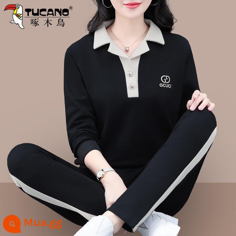 Bộ đồ thể thao cotton nguyên chất của chim gõ kiến ​​quần áo mùa thu nữ 2023 mới mùa xuân và mùa thu thời trang áo cổ polo hai món - Màu đen (không có nhung)