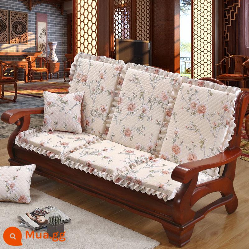 Sofa gỗ đệm có tựa lưng đệm ghế gỗ đệm một mảnh gỗ gụ thoáng mát đệm ghế dày đệm mùa đông - Hoa đào vàng gừng trắng nhạt