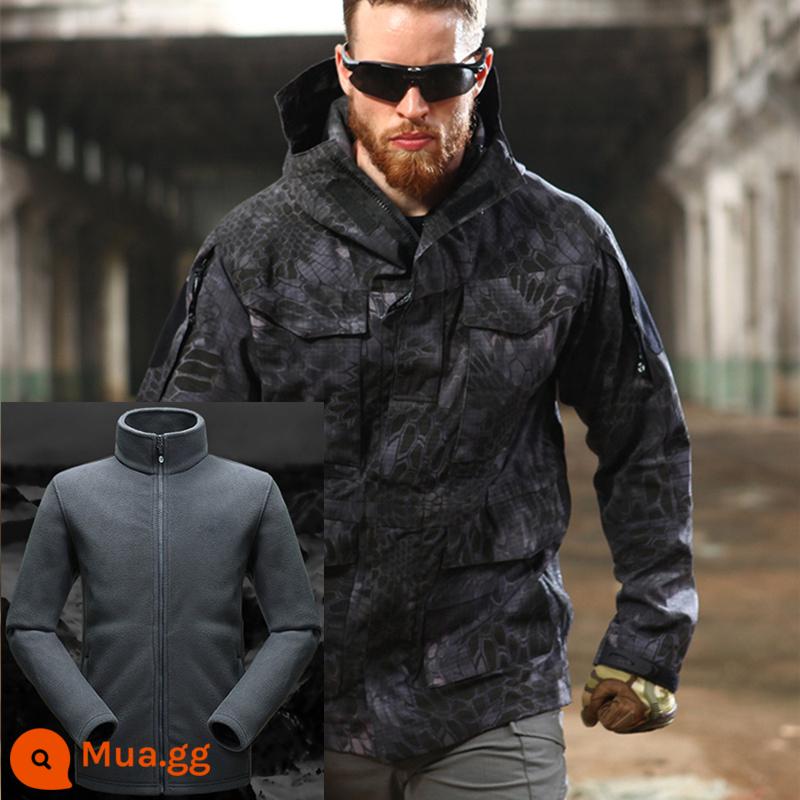 Phóng viên lớp phủ chiến thuật kiểu Mỹ M65 Windbreaker Men's Autumn and Winter ngoài trời Ngụy trang Không thấm nước Lực lượng đặc biệt - Họa tiết trăn đen (áo + lót)