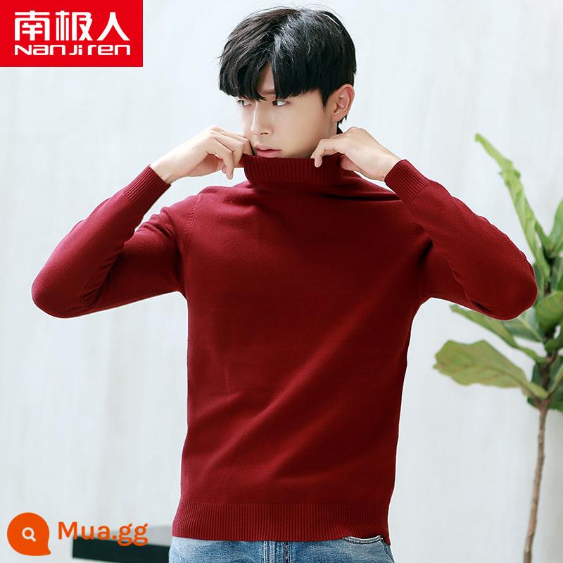 Áo len cao cổ lông cừu nam mùa đông mới lớp bên trong dày bán đan đáy áo len quần áo len không có cashmere - Burgundy 8783 [áo cổ lọ dày]