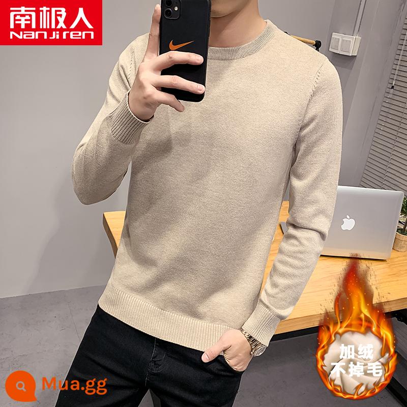 Áo len cao cổ lông cừu nam mùa đông mới lớp bên trong dày bán đan đáy áo len quần áo len không có cashmere - Khaki [cổ tròn nhung]