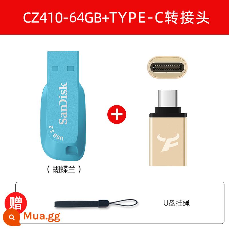 SanDiskSanDisk64g đĩa U tốc độ cao USB3.0 trên ô tô Ổ đĩa flash USB CZ410 ổ đĩa flash di động 64g ổ đĩa flash được mã hóa - Bộ chuyển đổi Type-C 64GB màu xanh + điện thoại di động