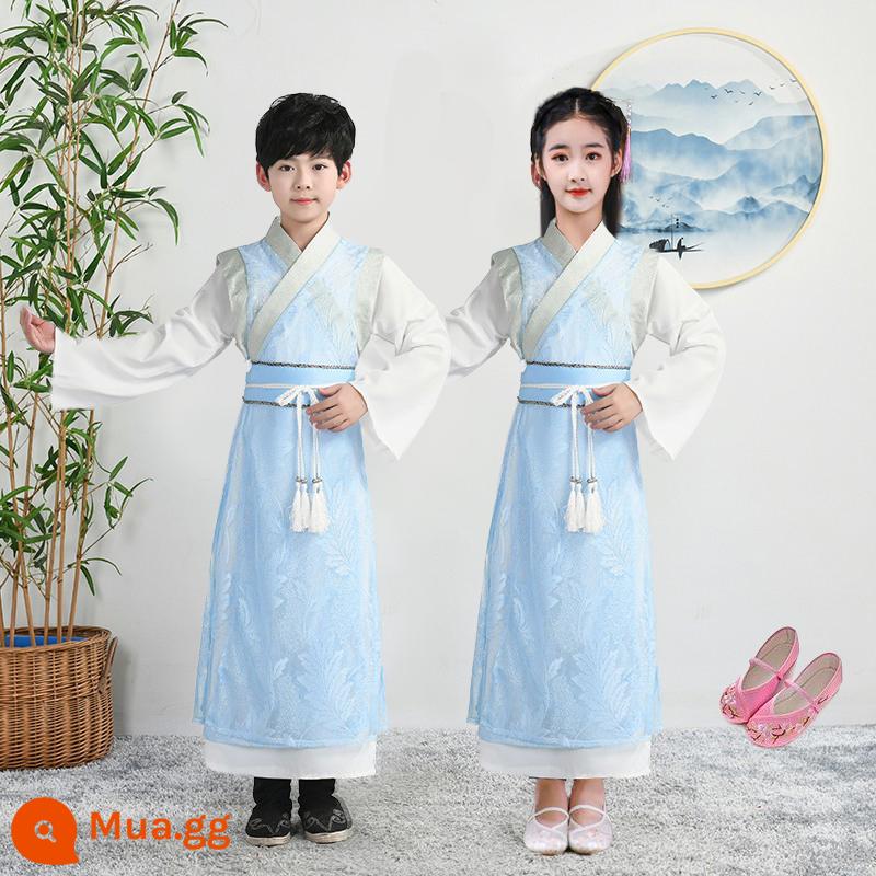 61 trẻ em Hanfu quần áo biểu diễn văn hóa Trung Quốc cuốn sách trang phục cổ đại nam sinh và học sinh tiểu học phong cách dân tộc quần áo khiêu vũ cổ điển nữ Xia Xian - Bộ đồ Hanfu bé gái + Giày thêu Lá phong Lưu ý Cỡ giày