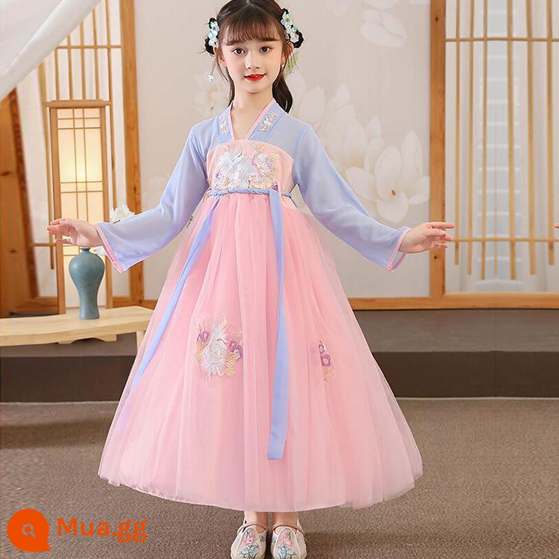 61 trẻ em Hanfu quần áo biểu diễn văn hóa Trung Quốc cuốn sách trang phục cổ đại nam sinh và học sinh tiểu học phong cách dân tộc quần áo khiêu vũ cổ điển nữ Xia Xian - Tay áo dài tám bông hoa + mũ miễn phí + trung tâm lông mày