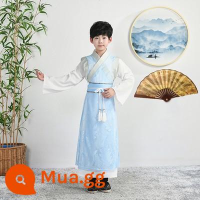 61 trẻ em Hanfu quần áo biểu diễn văn hóa Trung Quốc cuốn sách trang phục cổ đại nam sinh và học sinh tiểu học phong cách dân tộc quần áo khiêu vũ cổ điển nữ Xia Xian - Bộ đồ Hanfu bé trai + Lá phong hình quạt