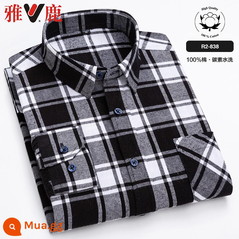 Yalu 100% cotton chải sơ mi nam dài tay mùa xuân 2023 quần áo mới của cha áo sơ mi cotton kẻ sọc mùa xuân và mùa thu - R2-838