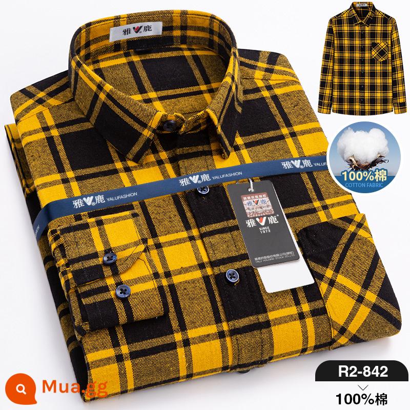 Yalu 100% cotton chải sơ mi nam dài tay mùa xuân 2023 quần áo mới của cha áo sơ mi cotton kẻ sọc mùa xuân và mùa thu - R2-842